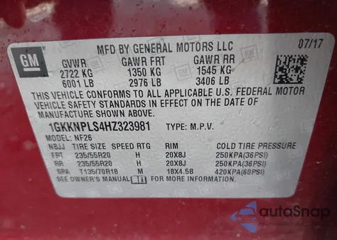 2017 GMC Acadia Denali z USA, uszkodzony, nr VIN 1GKKNPLS4HZ323981